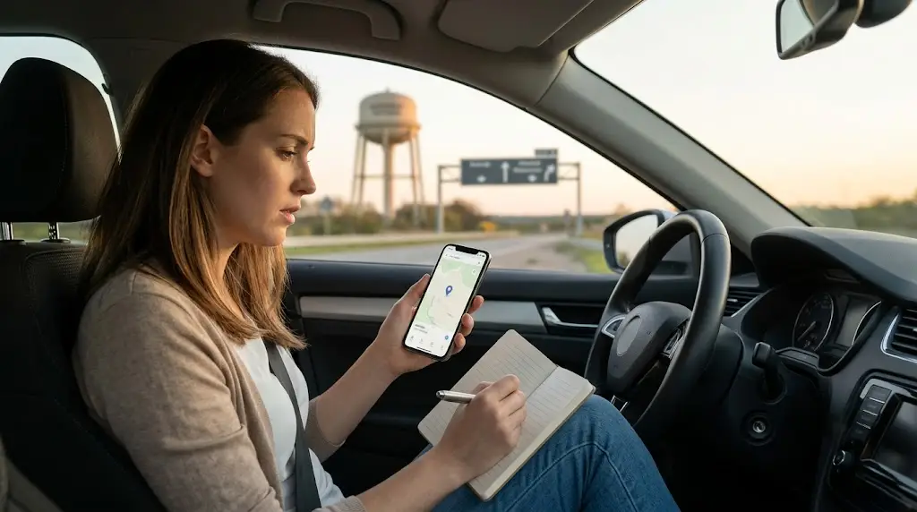 "A woman sitting in her car checks a location pin on her phone's map app while writing notes in a notebook, with a water tower and highway sign visible through the windshield, preparing information before making a call."