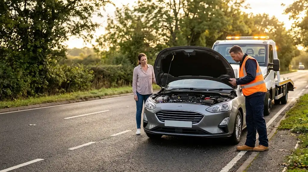 A recovery technician in a high-visibility vest inspects a broken-down silver car's open bonnet using a diagnostic tool while a flatbed recovery truck waits behind on a UK roadside.