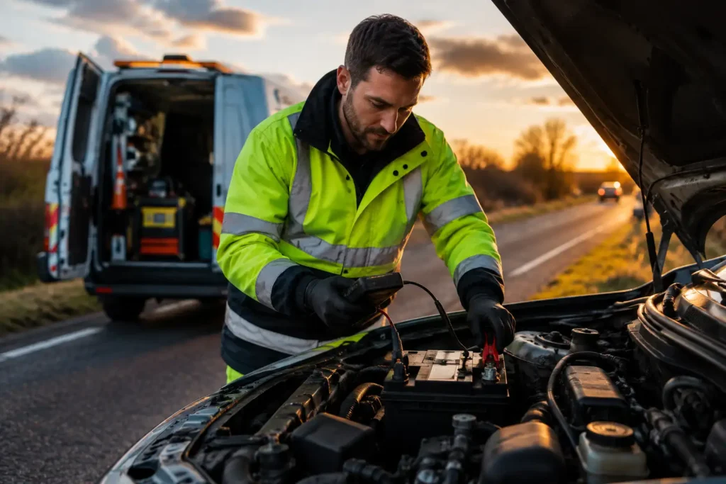 Technician testing a car battery at the roadside