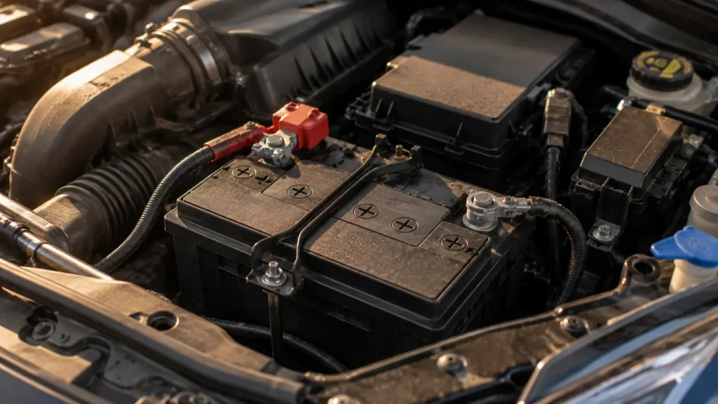 Car battery terminals being checked before a jump start