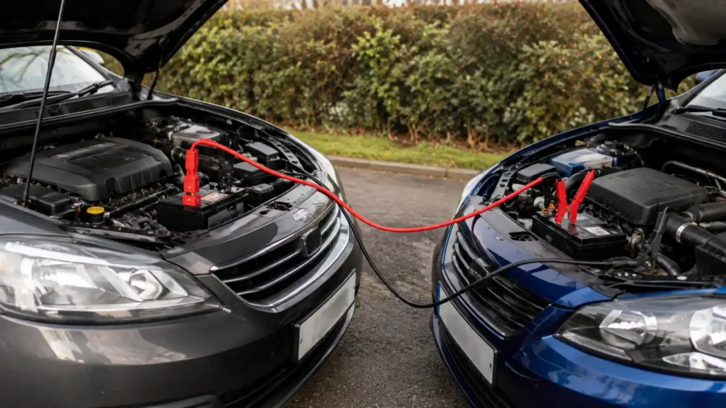 Two cars connected with jumper leads for a battery jump start