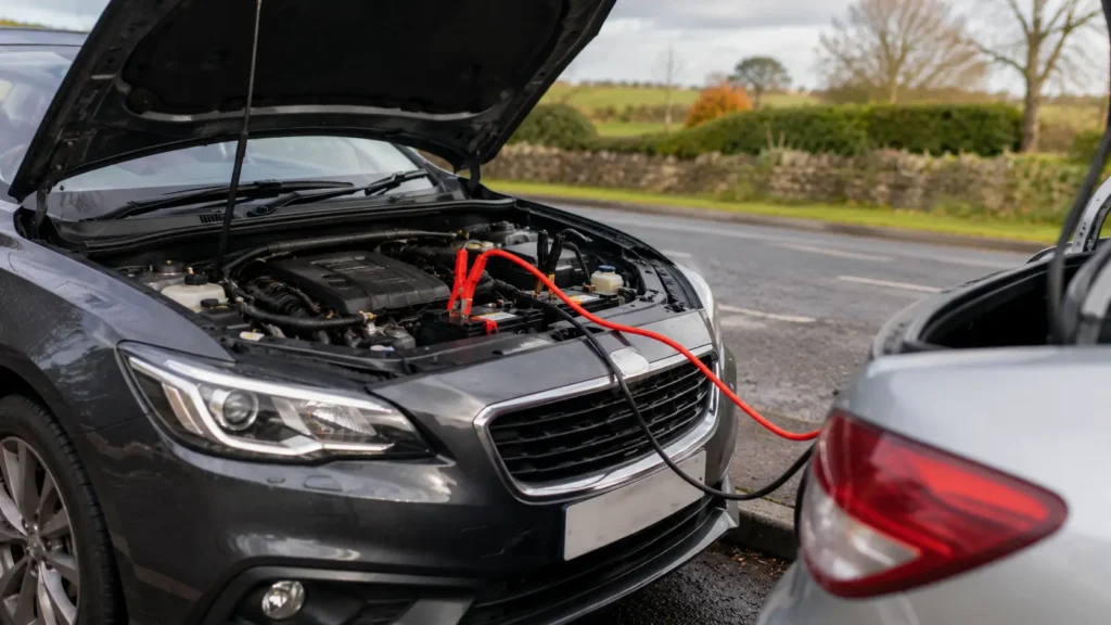 Car being jump started with jumper cables connected to the battery