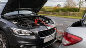 Car being jump started with jumper cables connected to the battery