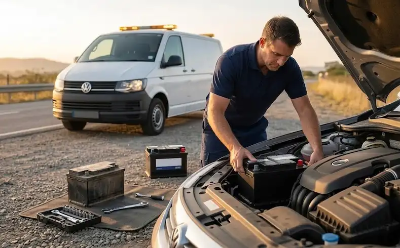 A mobile mechanic in a plain blue shirt is replacing a car battery on the side of a rural highway. A white service van is parked behind the vehicle.