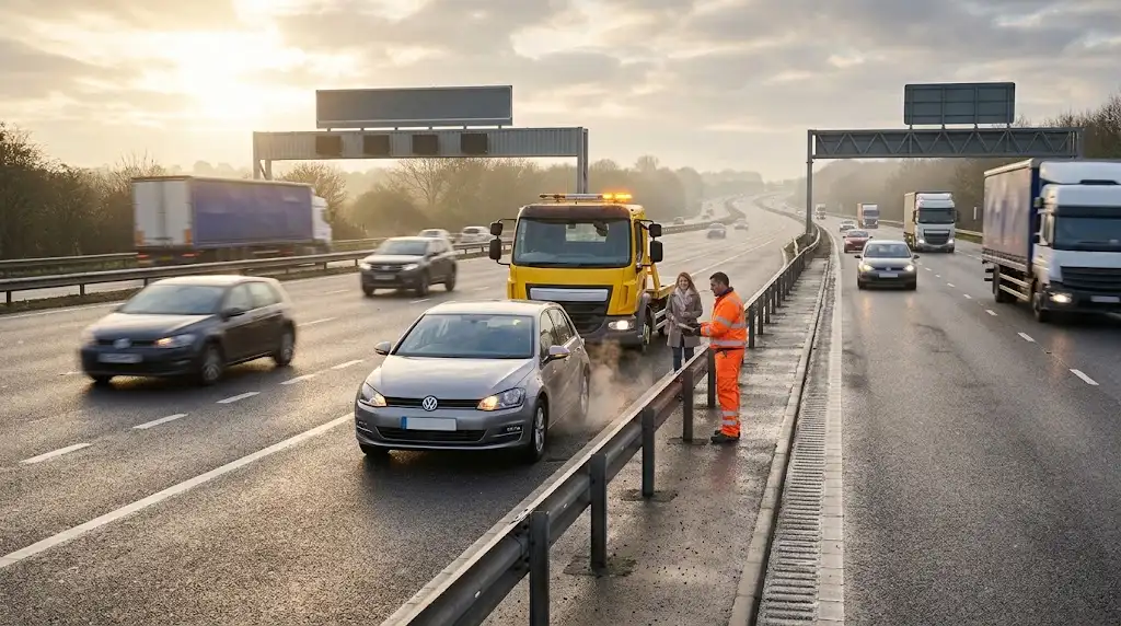 A recovery technician in hi-vis orange speaks with a female driver standing behind a metal safety barrier beside a broken-down silver Volkswagen hatchback and a yellow breakdown recovery truck on a UK motorway.