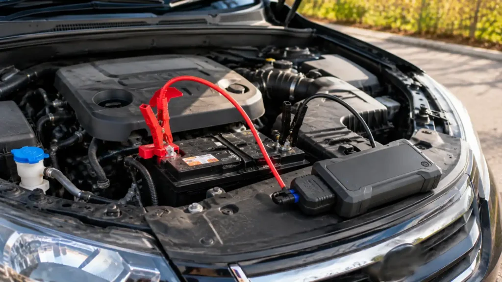 Portable jump starter connected to a car battery