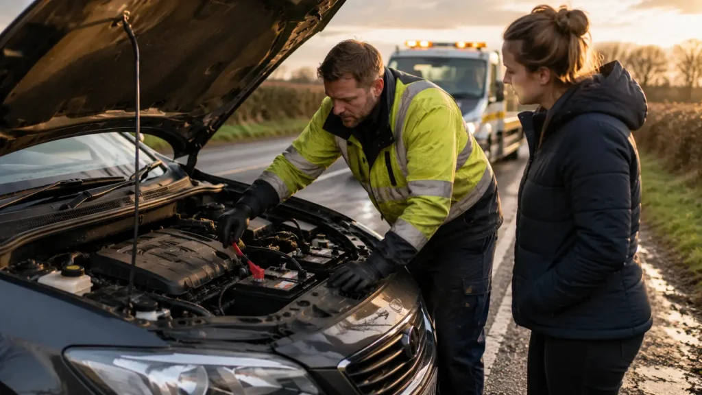 Breakdown technician checking a car battery at the roadside