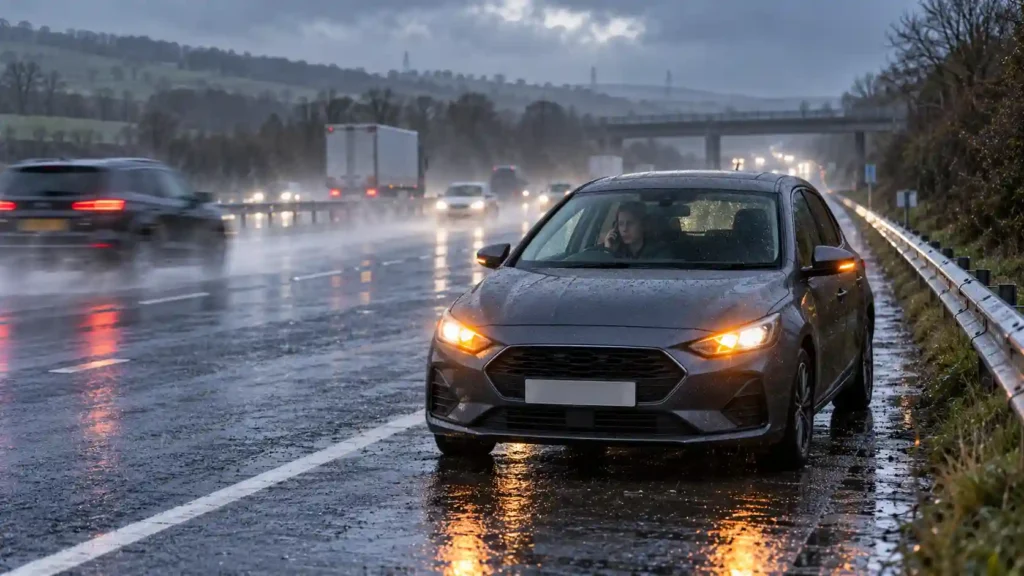 Car breakdown safety in bad weather on a rainy motorway with a stranded driver waiting safely inside the vehicle