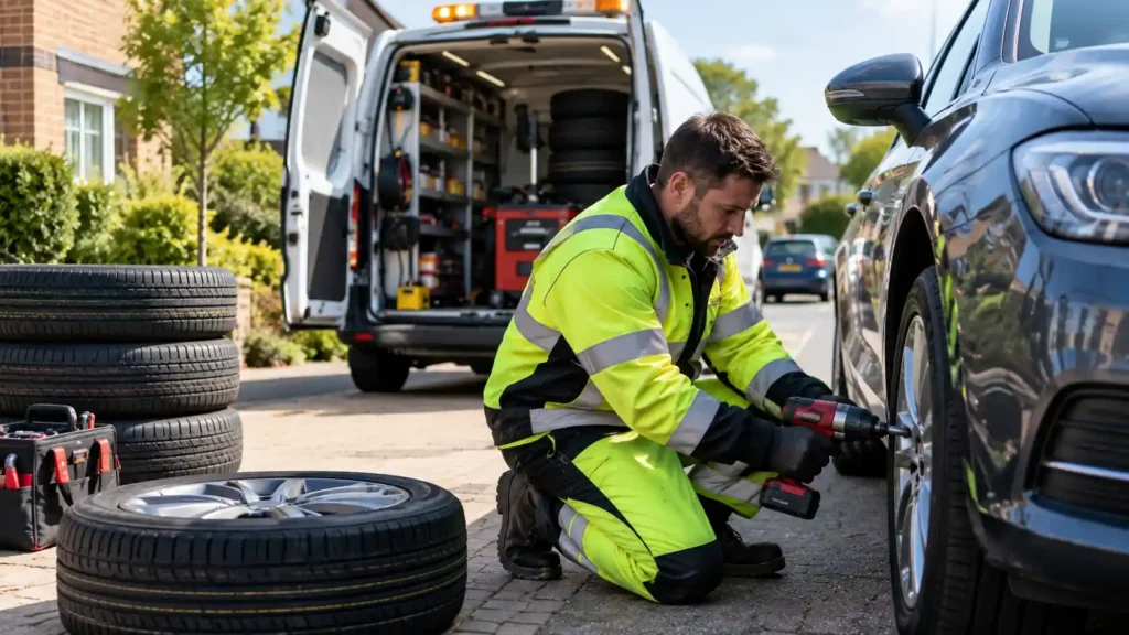 Mobile tyre fitting Reading technician fitting a new tyre at a customer's driveway