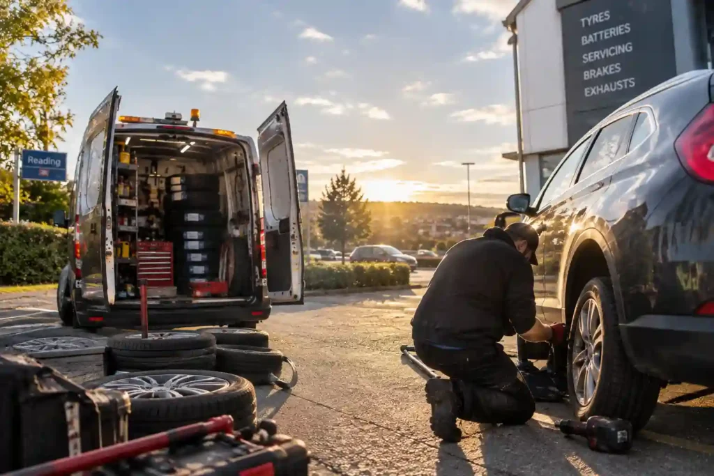 Mobile tyre fitting Reading technician fitting a tyre at a garage forecourt at golden hour