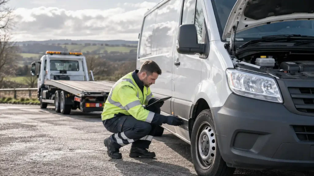 Recovery technician checking a van tyre and condition after roadside recovery