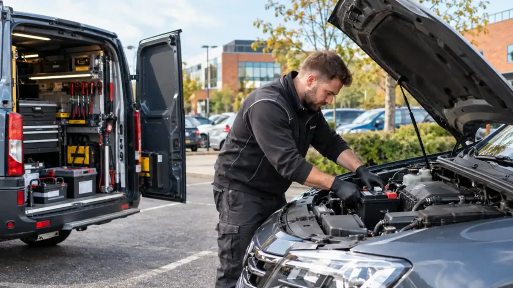 Mobile car battery replacement in Berkshire: technician fitting a new battery in a car park, with spare batteries in the van